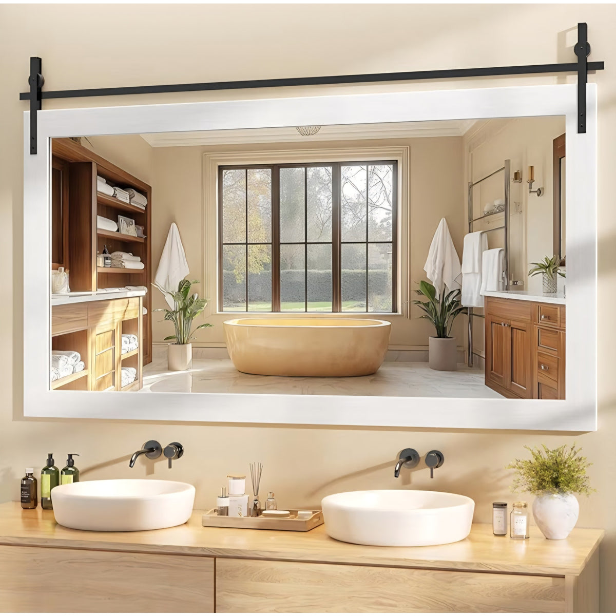 Hasipu Farmhouse Bathroom Mirror, 60"x30" Rustic Wood Framed