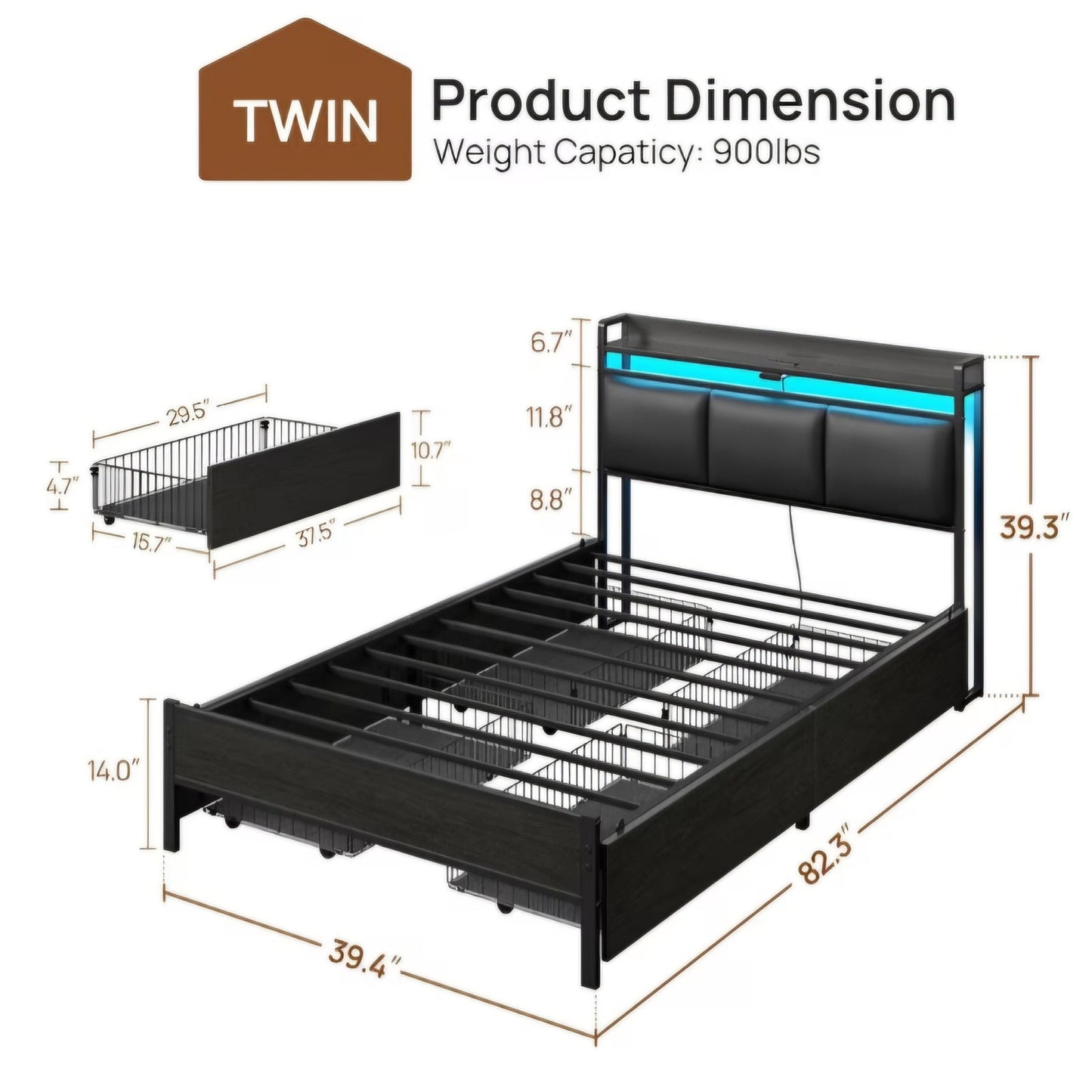 Rolanstar Bed Frame Twin Size with Charging Station and LED Lights