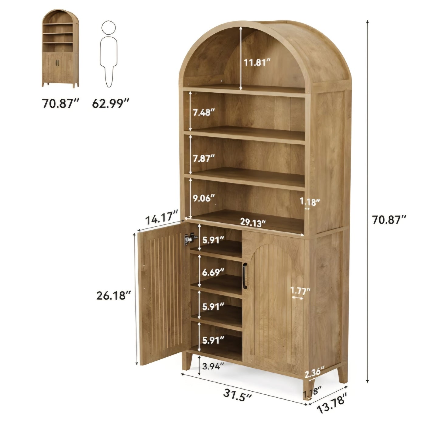 LITTLE TREE 70.9 Inches Tall Arched Bookcase, 8-Tier Bookshelf with Doors & Adjustable Shelves
