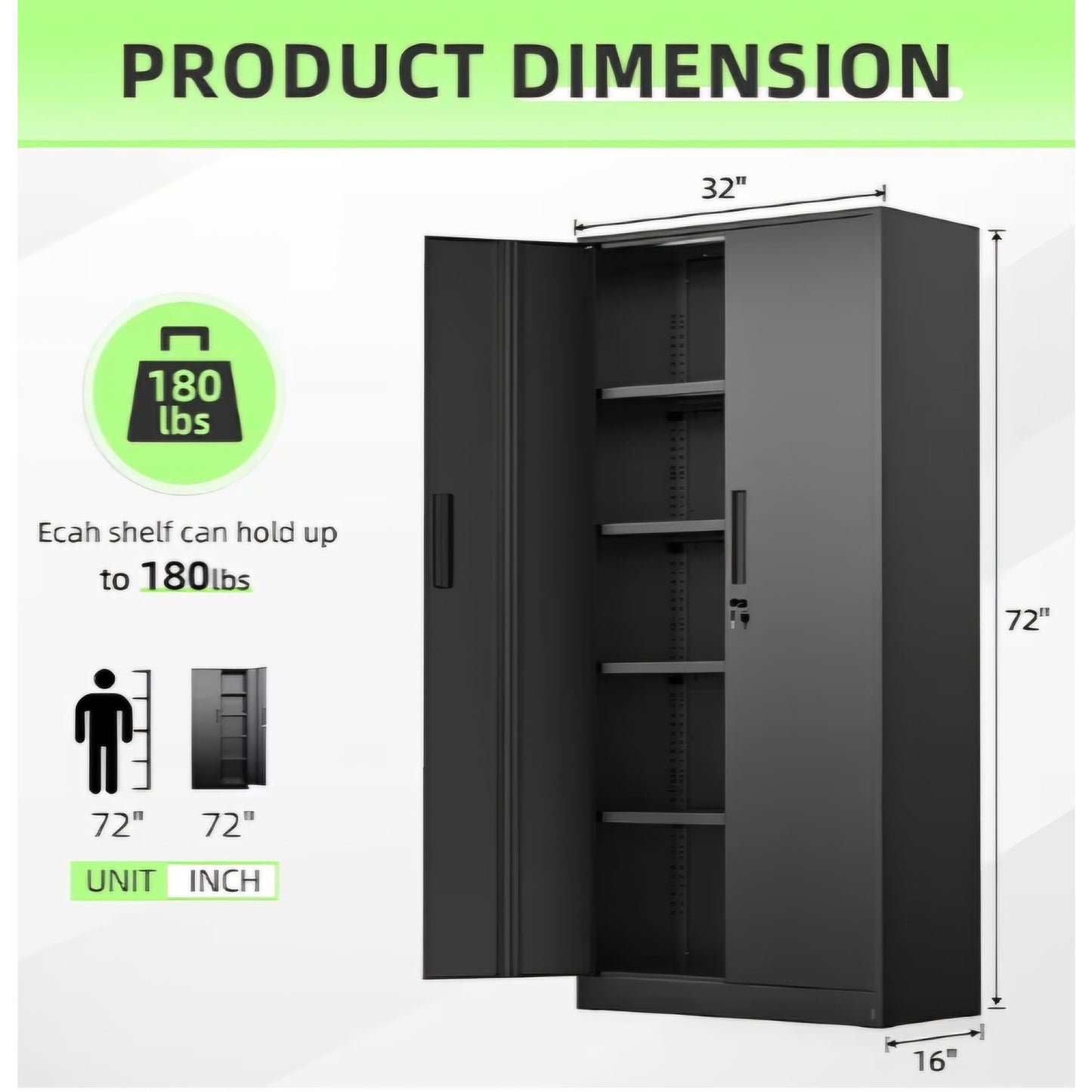 Black Metal Storage Cabinet, 72" Locking Steel Cabinets with 2 Door and 4 Adjustable Shelves
