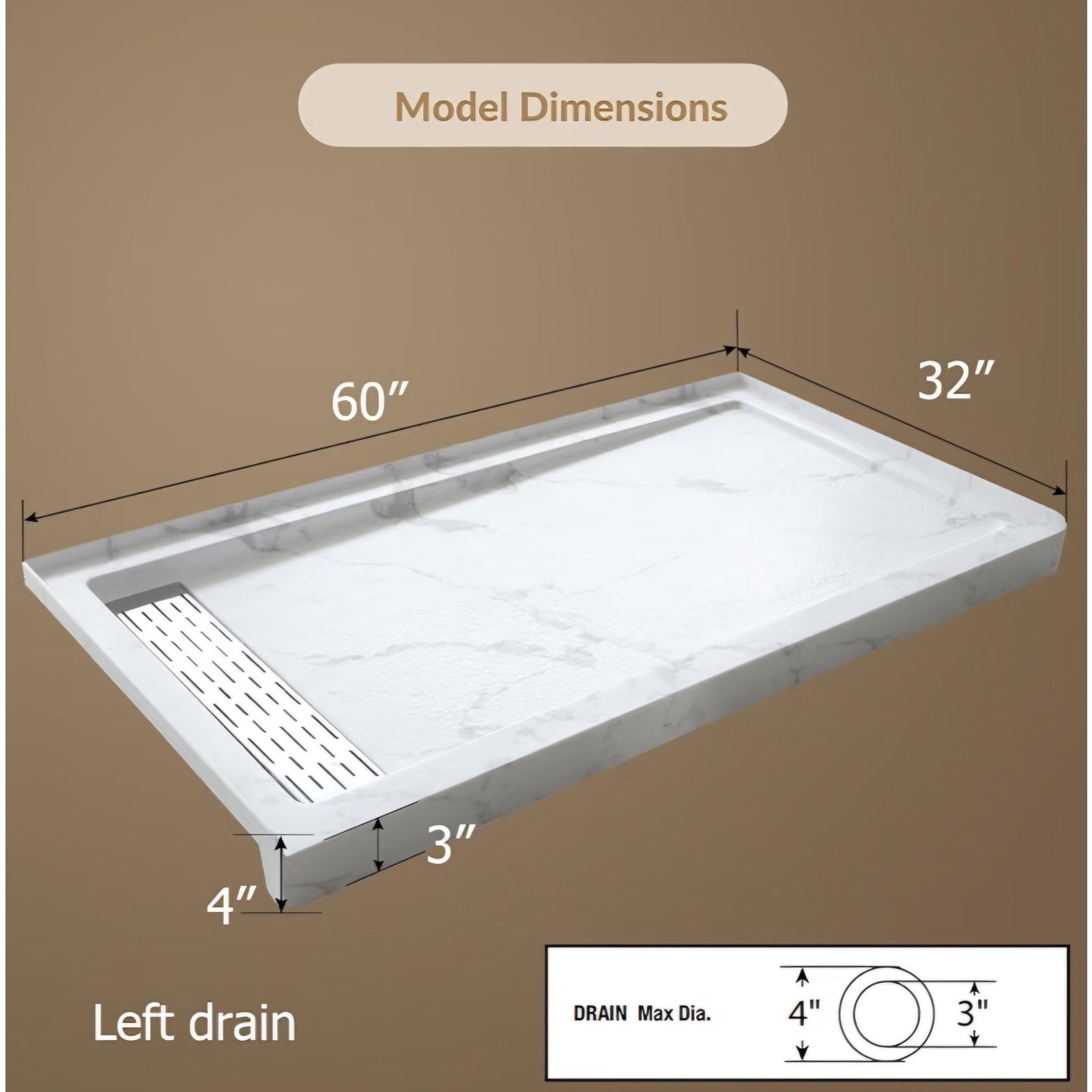 MORVANO 60 x 32 Shower Base with Single Threshold Rectangular Left Drain Location Shower