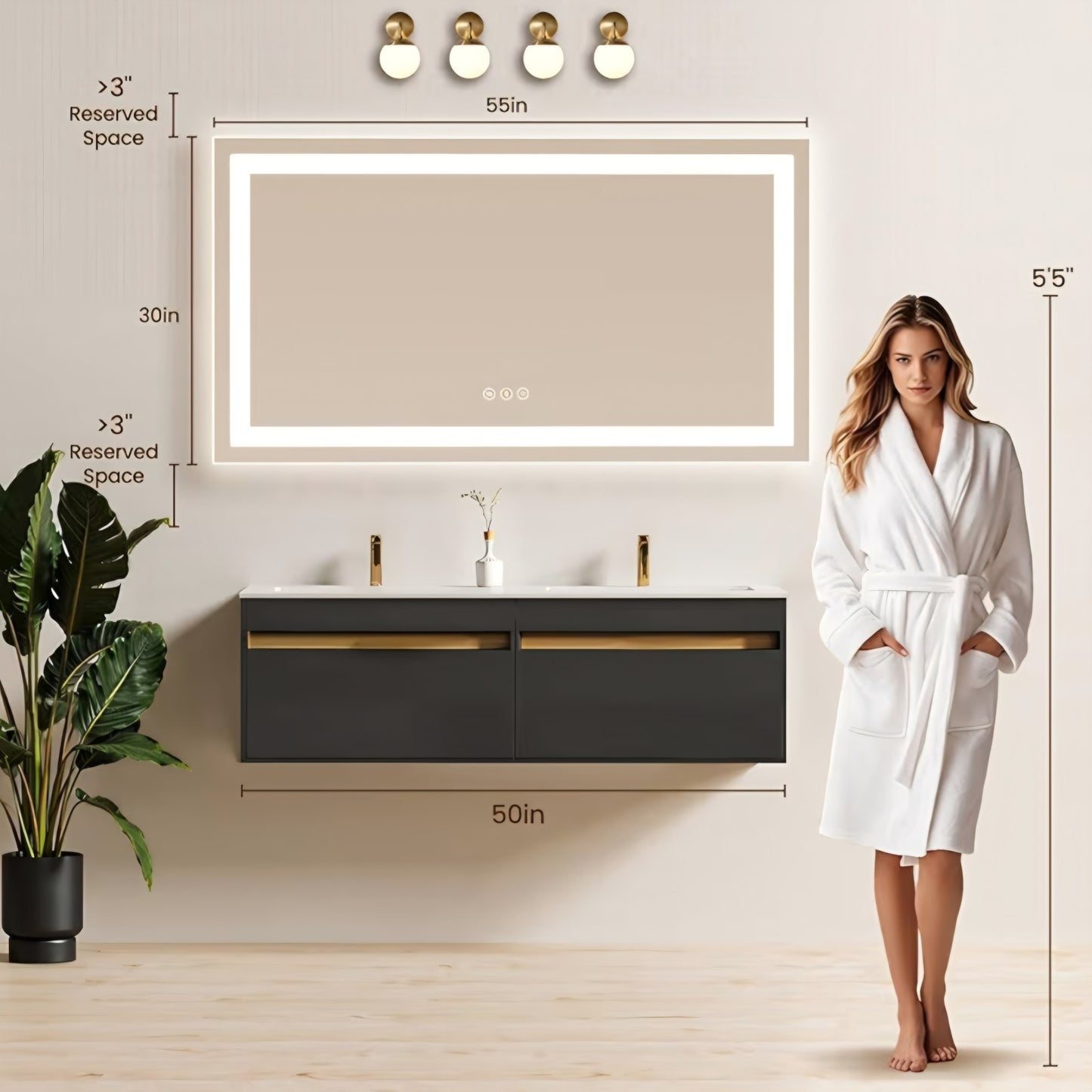 55X30 LED Bathroom Mirror with Lights, Anti-Fog, Backlit + Front Lit, Lighted Bathroom Vanity Mirro