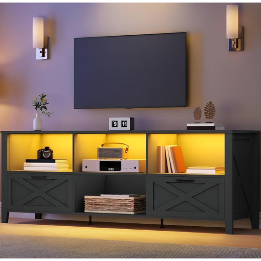 YITAHOME 70 Inch Farmhouse TV Stand with LED Lighting, Fits TVs up to 80 Inches