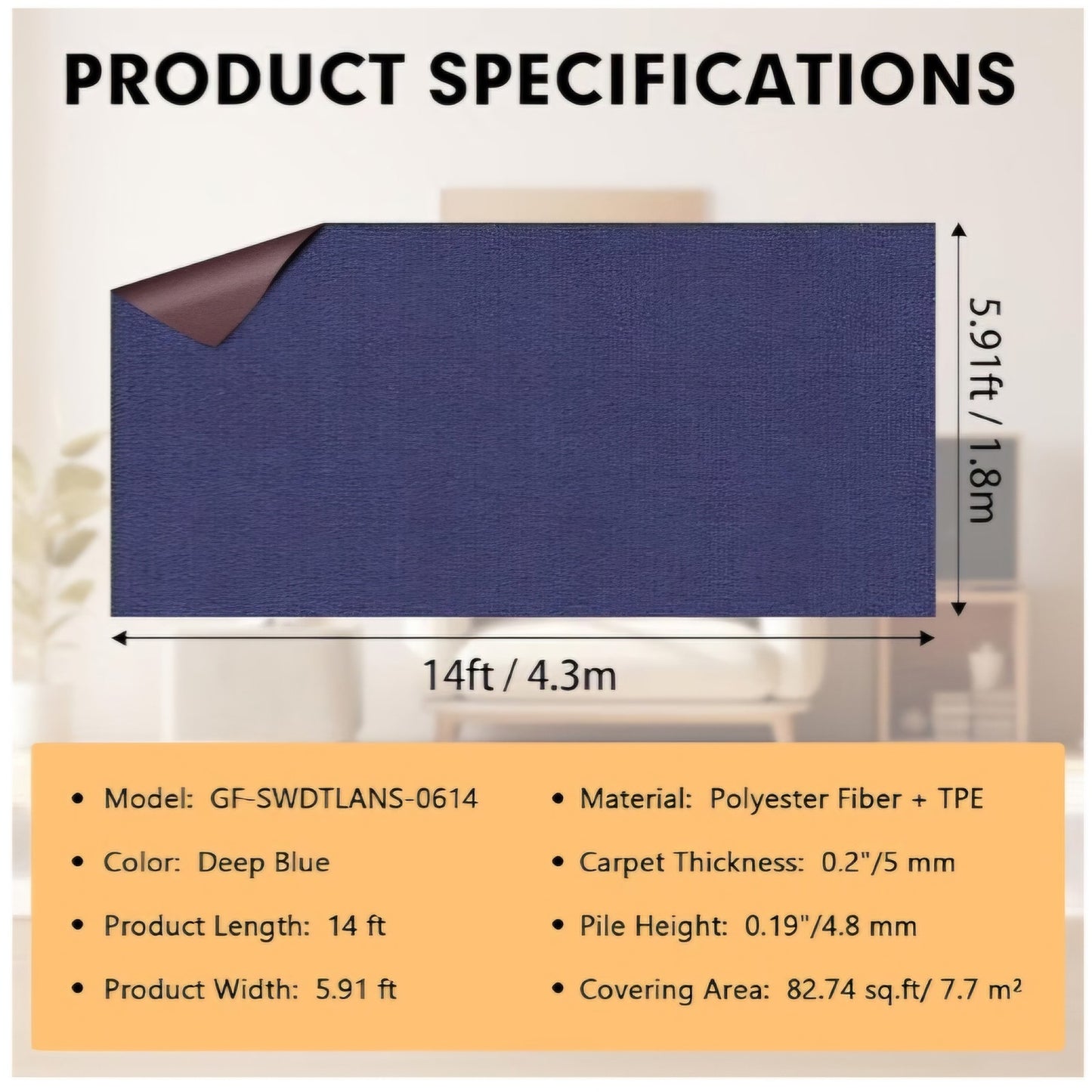 Grefinity Marine Carpet6 FT x 14 FT Deep Blue Indoor Outdoor 0.2" Thick Boat Rug with Water-Proof
