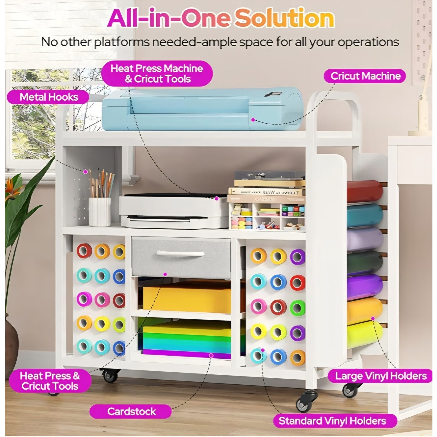 Craft Organization and Storage Cart with Wheels, Vinyl Roll Holder & Hook Up