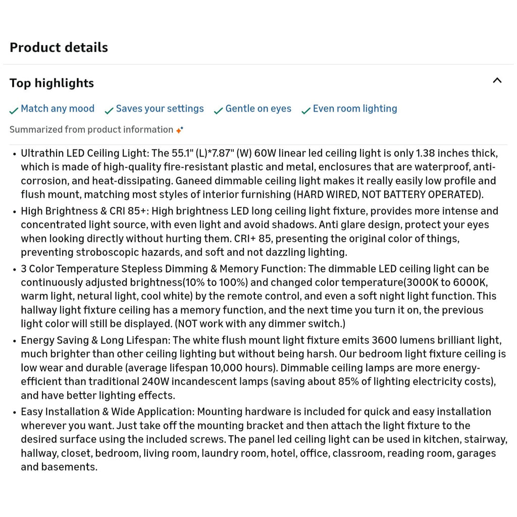 4.59FT 60W Dimmable Modern LED Linear Kitchen Ceiling Lamp, High Brightness Flush Mount Low Profile