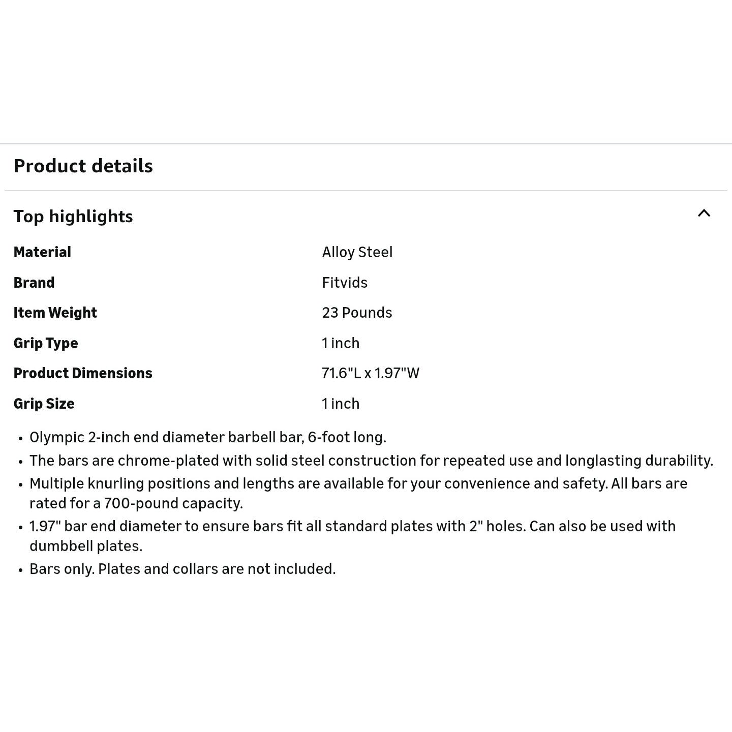 Fitvids 2 Inch Olympic Barbell Bar for Powerlifting & Weightlifting, 700 Pound Capacity, Multiple