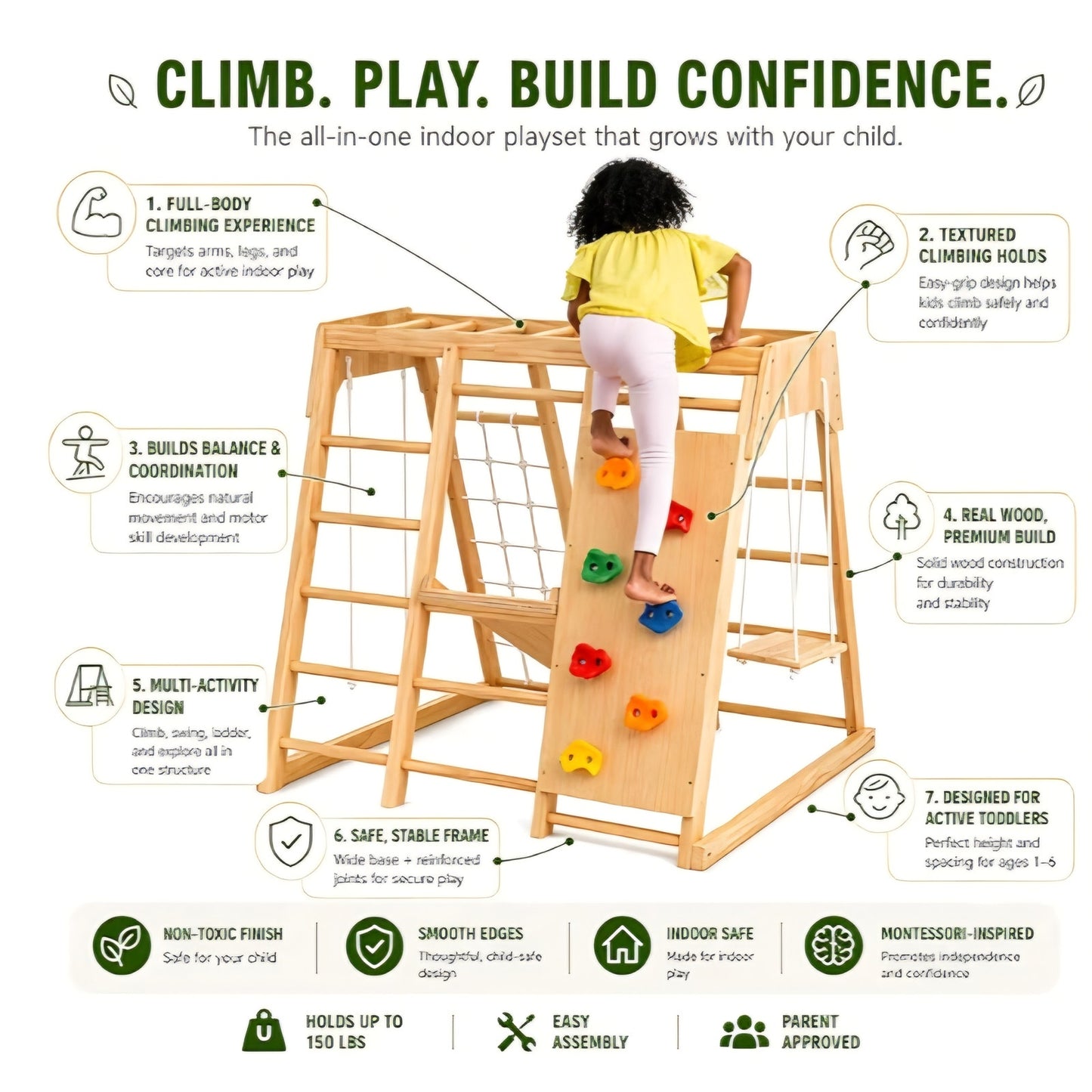 Premium Wooden Indoor Climbing Gym for Kids – Montessori Playset with Climbing Wall, Ladder
