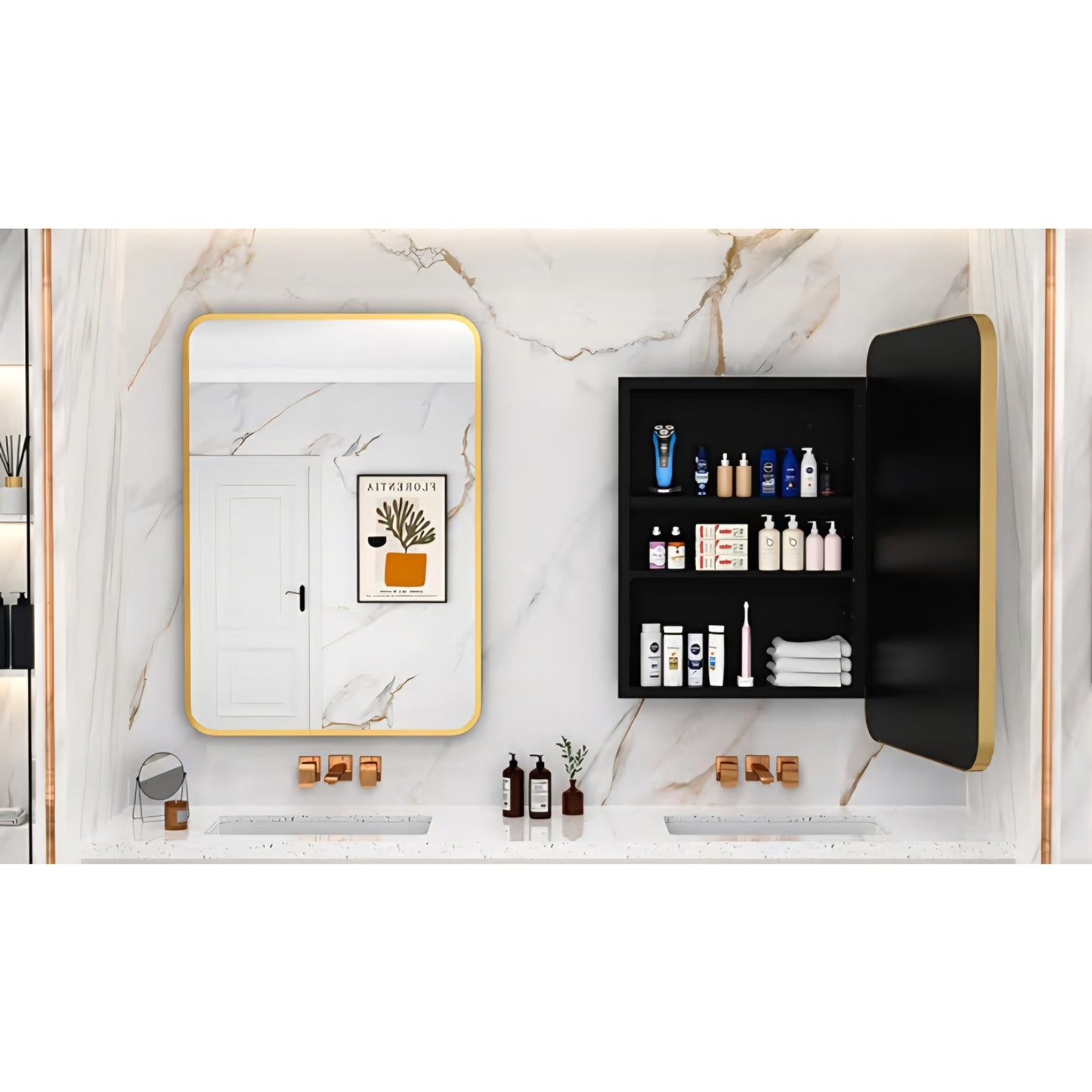 24x30 Inch Bathroom Medicine Cabinet with Mirror Gold Metal Framed Recessed or Surface Wall Mounted