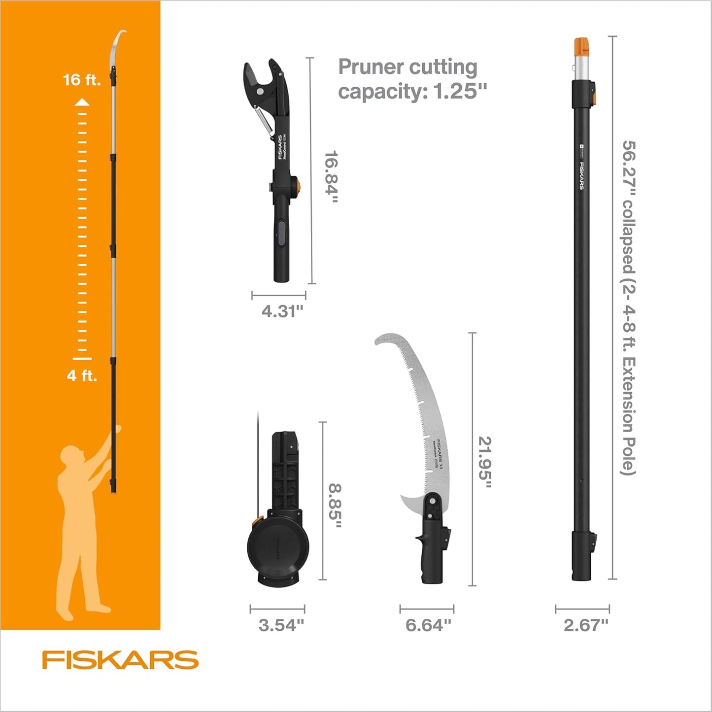 Fiskars XtendControl 16'Tree Pruner Kit with Rotating Head, 15"X3 Double-Hooked Saw, Lightweight Al
