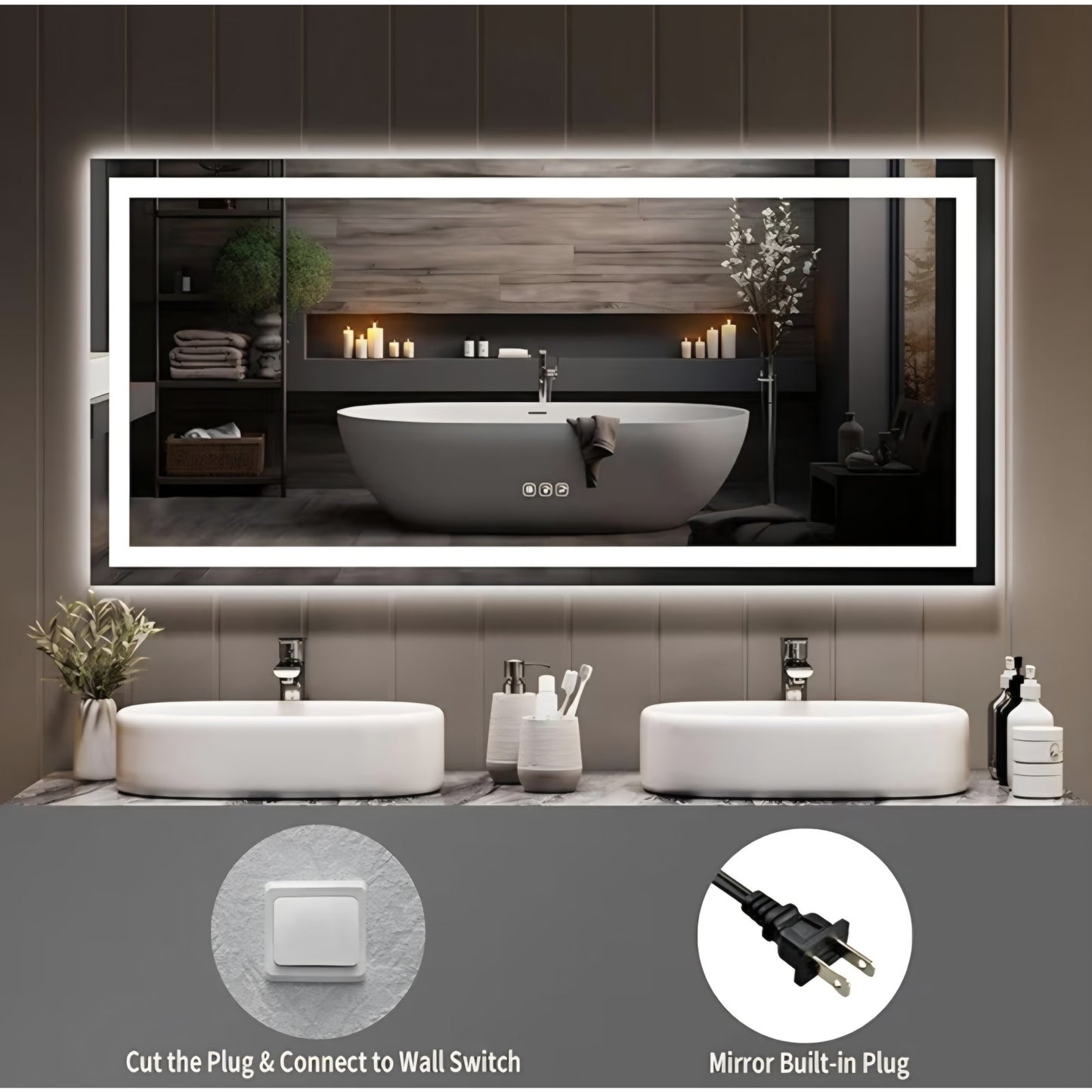 60x36 Inch LED Bathroom Mirror with Lights, Dimmable Backlit & Frontlit Vanity Mirror