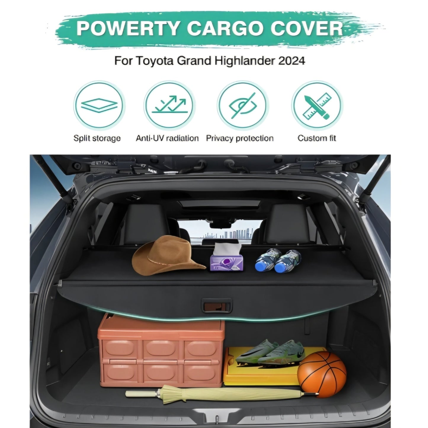 Powerty Cargo Cover for 2024 Toyota Grand Highlander Accessories Trunk Cover Retractable Trunk