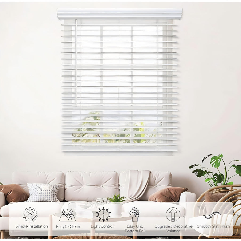 Linen Avenue Customizable Cordless Faux Wood Blind White 60 to 65 W x 56 H, Outside Mount