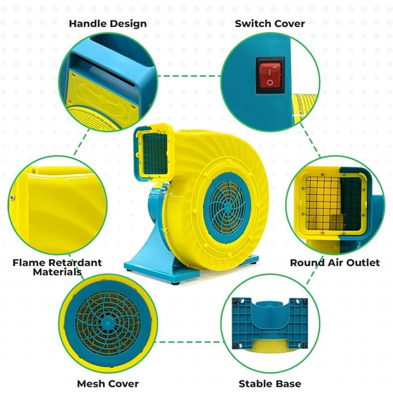 Bounce House Blower High Power Inflatable Air Blower, IPX4 Waterproof, 110-120V, 6 Stakes-1HP 750W