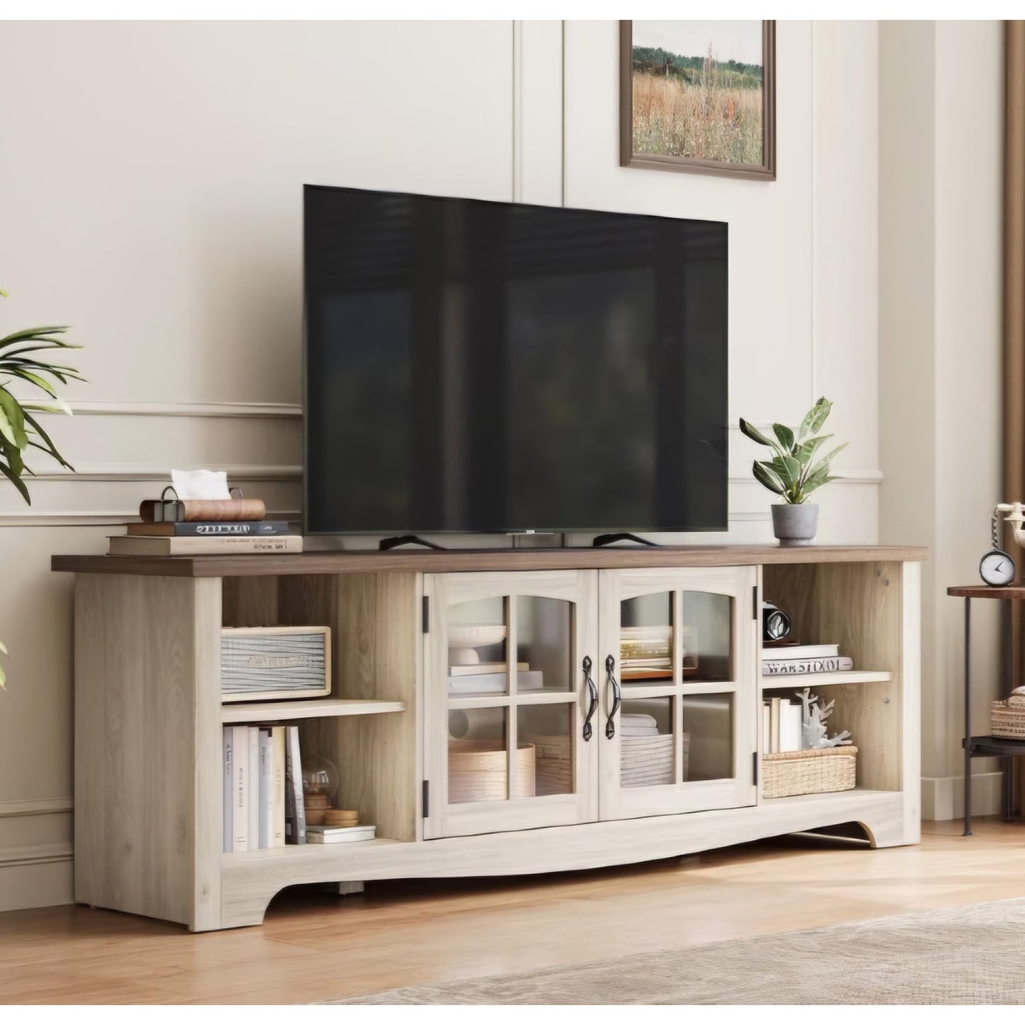 LINSY HOME TV Stand for 75 Inch TV, Modern Farmhouse Entertainment Center