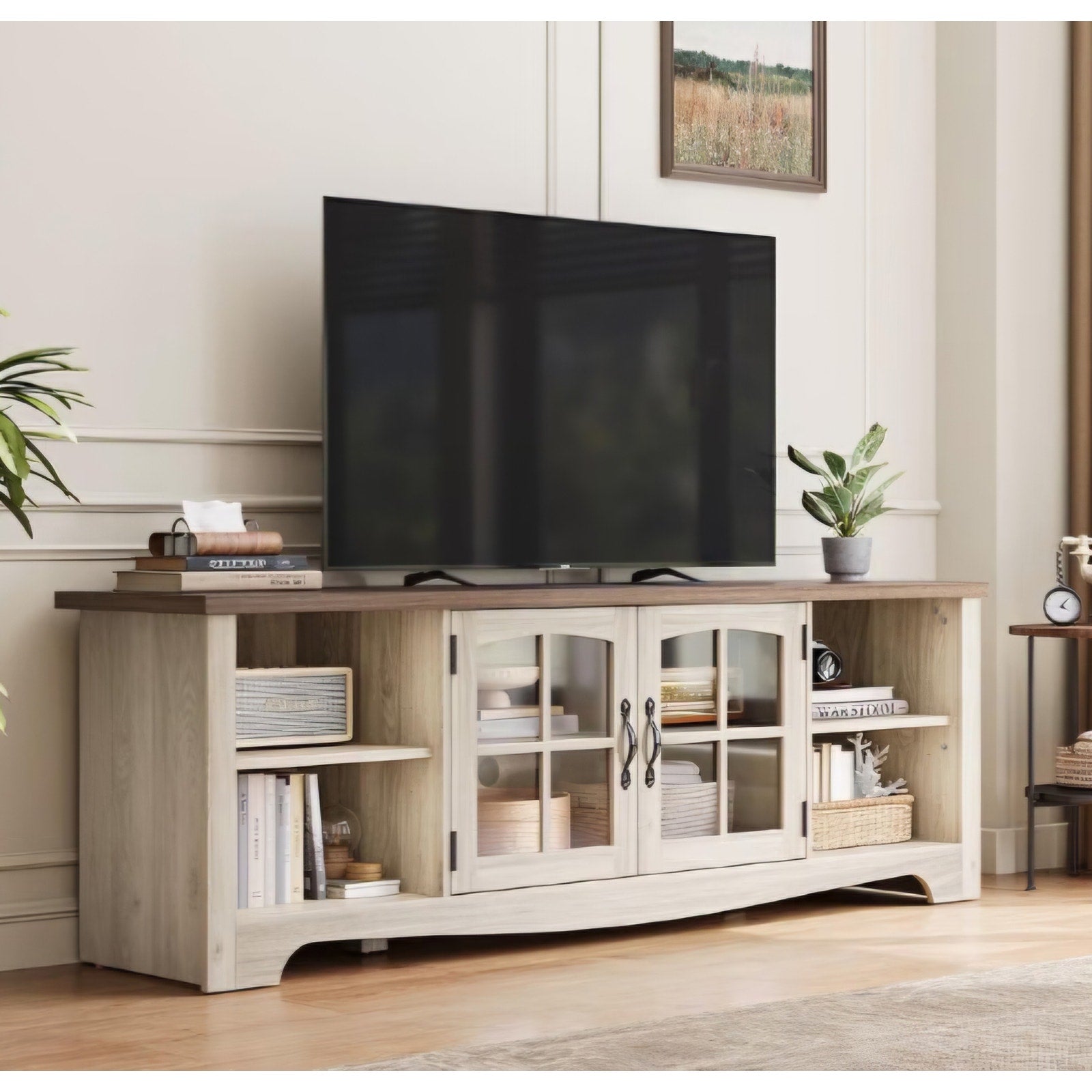 LINSY HOME TV Stand for 75 Inch TV, Modern Farmhouse Entertainment Center