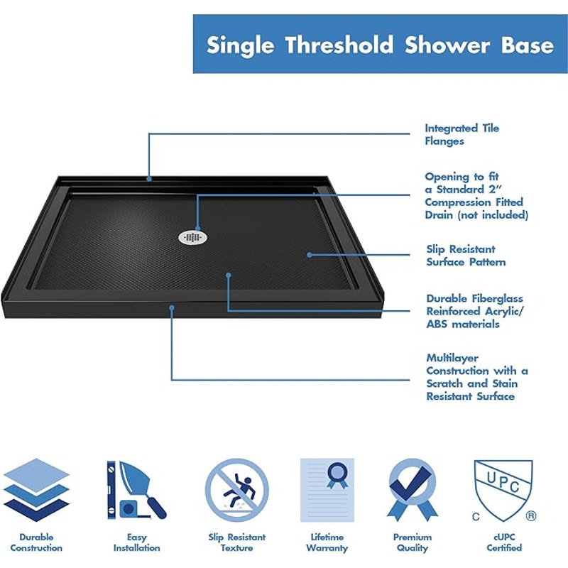 DreamLine SlimLine 34 in. D x 48 in. W x 2 3/4 in. H Center Drain Single Threshold Shower Base in Black, DLT-1134480-88