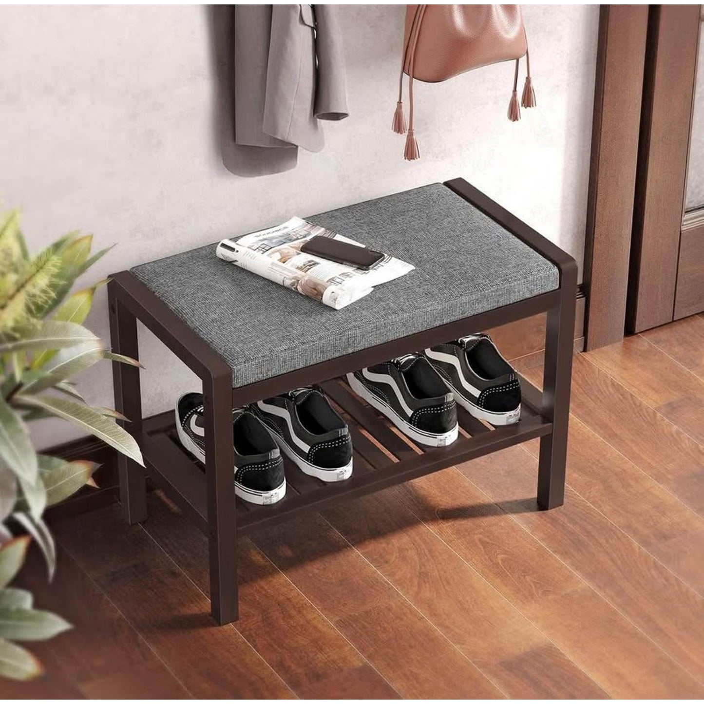 SONGMICS Shoe Rack Bench with Cushion Upholstered Padded Seat, Storage Shelf, Shoe Organizer, Holds