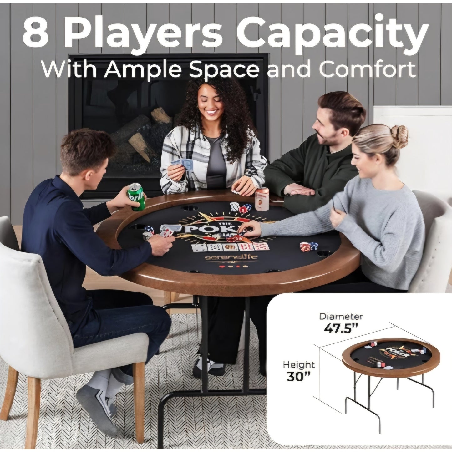 8- Player Round Foldable Poker Table, Casino Leisure Texas Holdem Table, w/ water Resistant Cushion