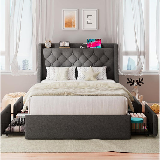 Feonase Twin Bed Frame with 4 Storage Drawers, Upholstered Wingback Headboard, Easy Assembly