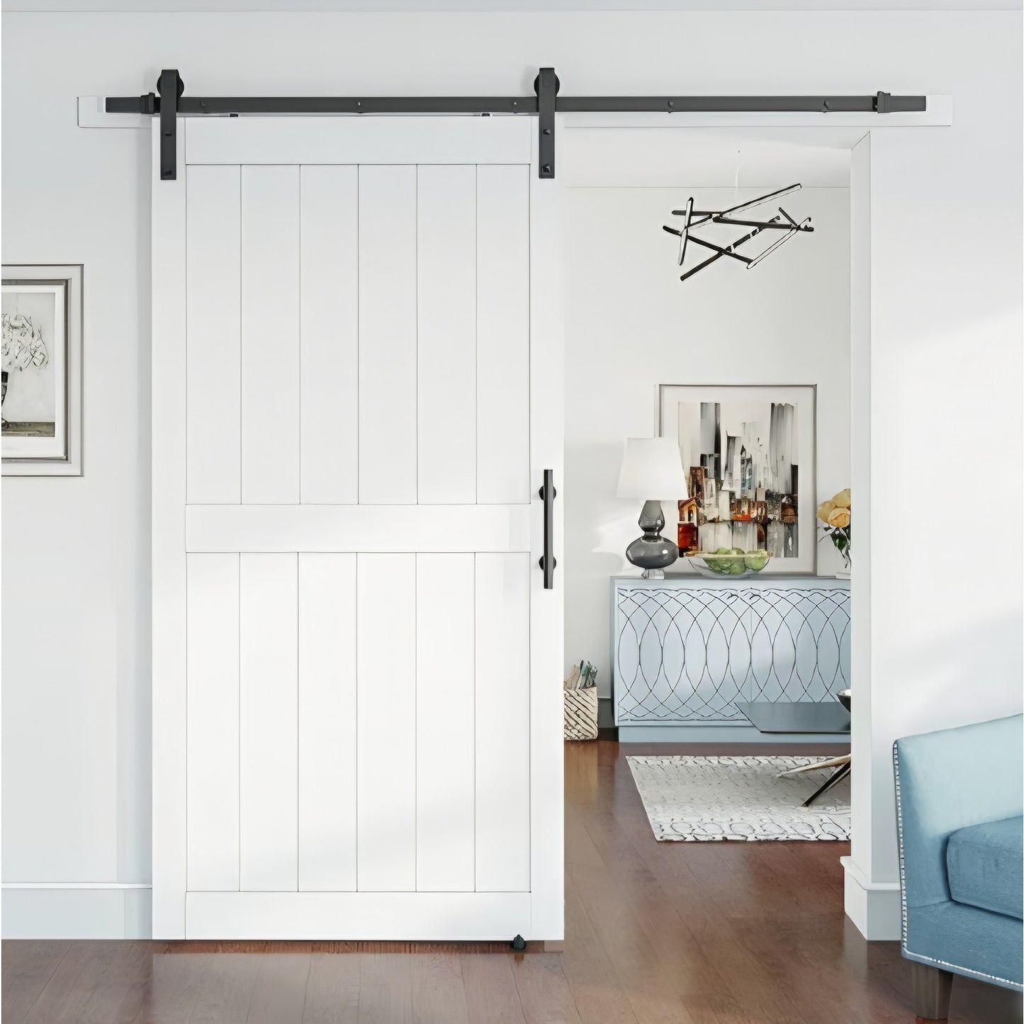 Barn Door with 7FT Black Sliding Door Hardware Kit 42 x 84 inch White