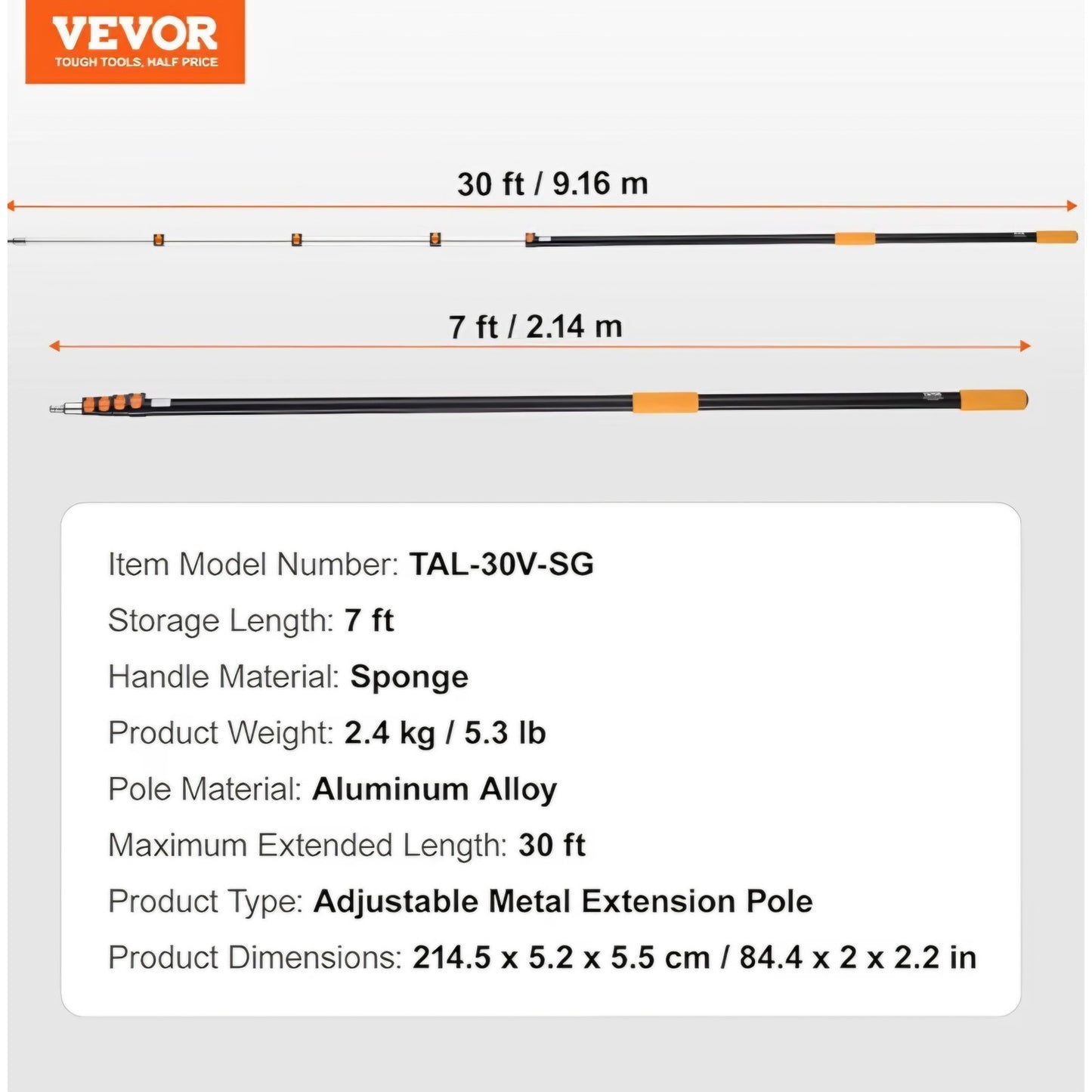 VEVOR Telescopic Extension Pole, 7-30 FT Multi-Purpose Extension Pole