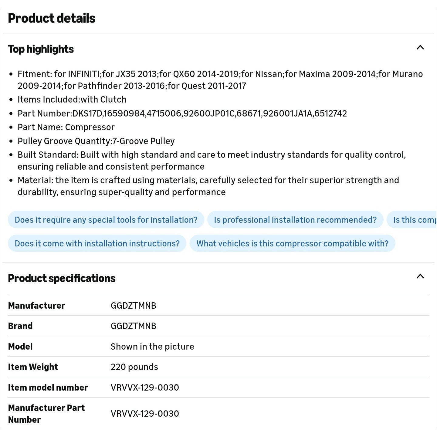 Compressor for INFINITI for JX35 2013 for QX60 Nissan for Maxima Murano Pathfinder Quest