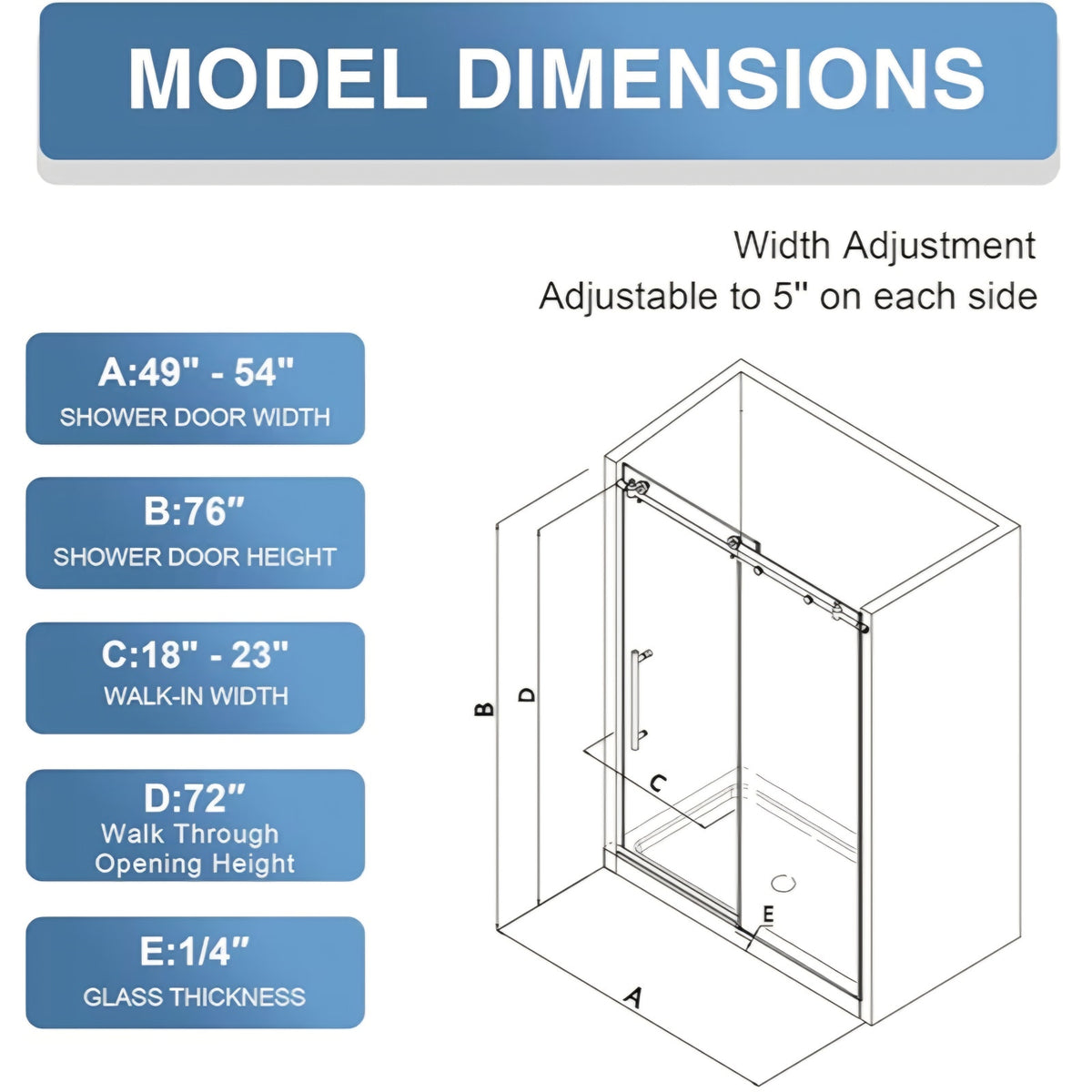 Frameless Shower Door, 49-54" W x 76" H Sliding Glass Shower Door, 1/4" (6mm) Tempered Clear Glass