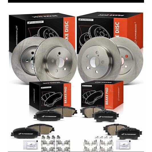 A-Premium Front Vented and Rear Solid Disc Brake Rotors + Ceramic Pads Kit Compatible with Select To
