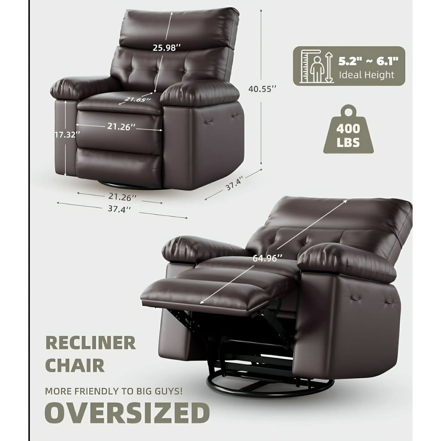 Extra Wide Recliner Chair - PU Leather Oversized Manual Recliner for Adults, with 1.5X Sponge