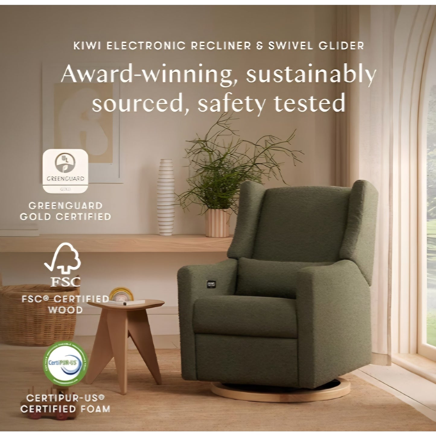 Recliner Nursery Chair w/USB Ports - GREENGUARD Gold Certified - Water & Stain 270° Swivel