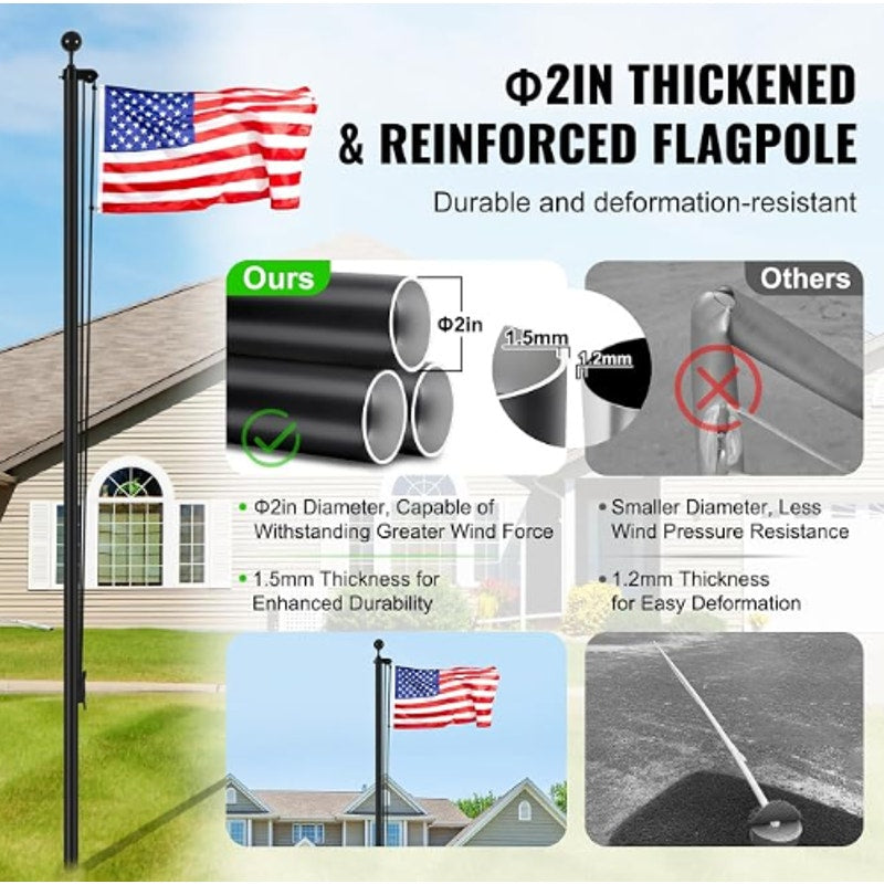 VEVOR 20FT Sectional Flagpole Kit, Heavy Duty Aluminum Alloy in Ground Poles for Outside