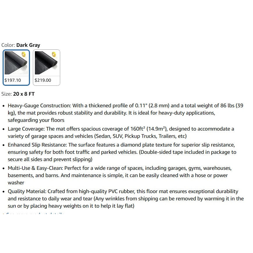 20x8 FT Dark Grey Garage Floor Mat, Heavy-Duty 0.11" Thickened PVC, Non-Slip Protection for Gym,