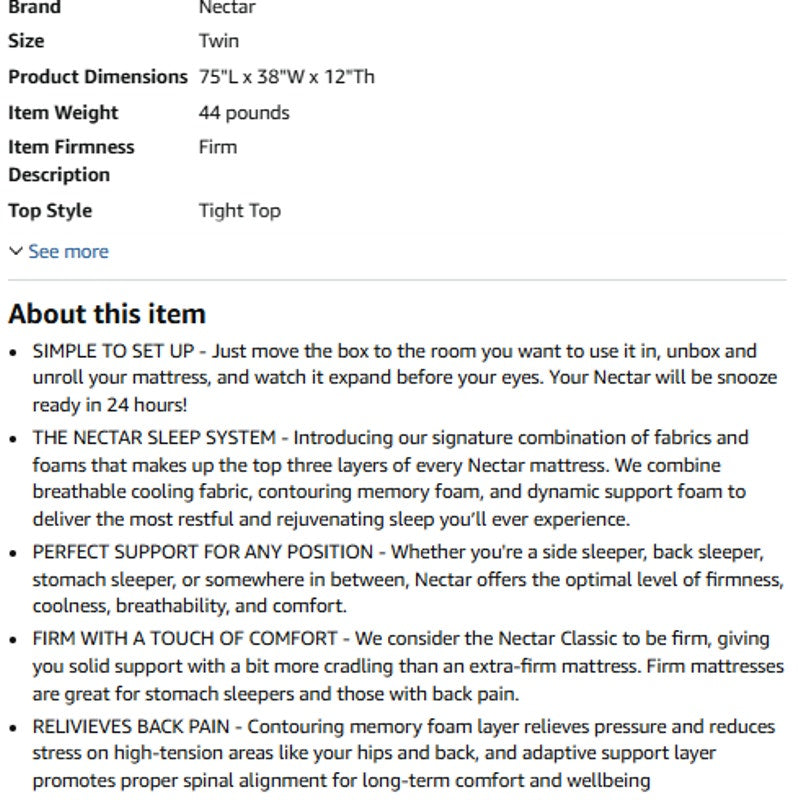 Nectar 12” Memory Foam Mattress, Twin, Firm Feel, 1-Year Trial Contouring Memory Foam