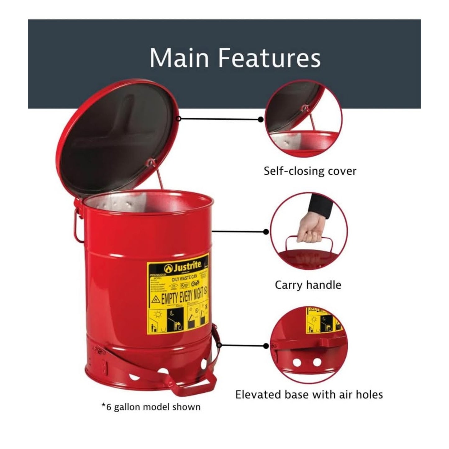 Justrite 6 Gallon Galvanized Steel Oily Waste Can, 16" x 12" Metal Oil Rag Safety Can with Quiet Foo