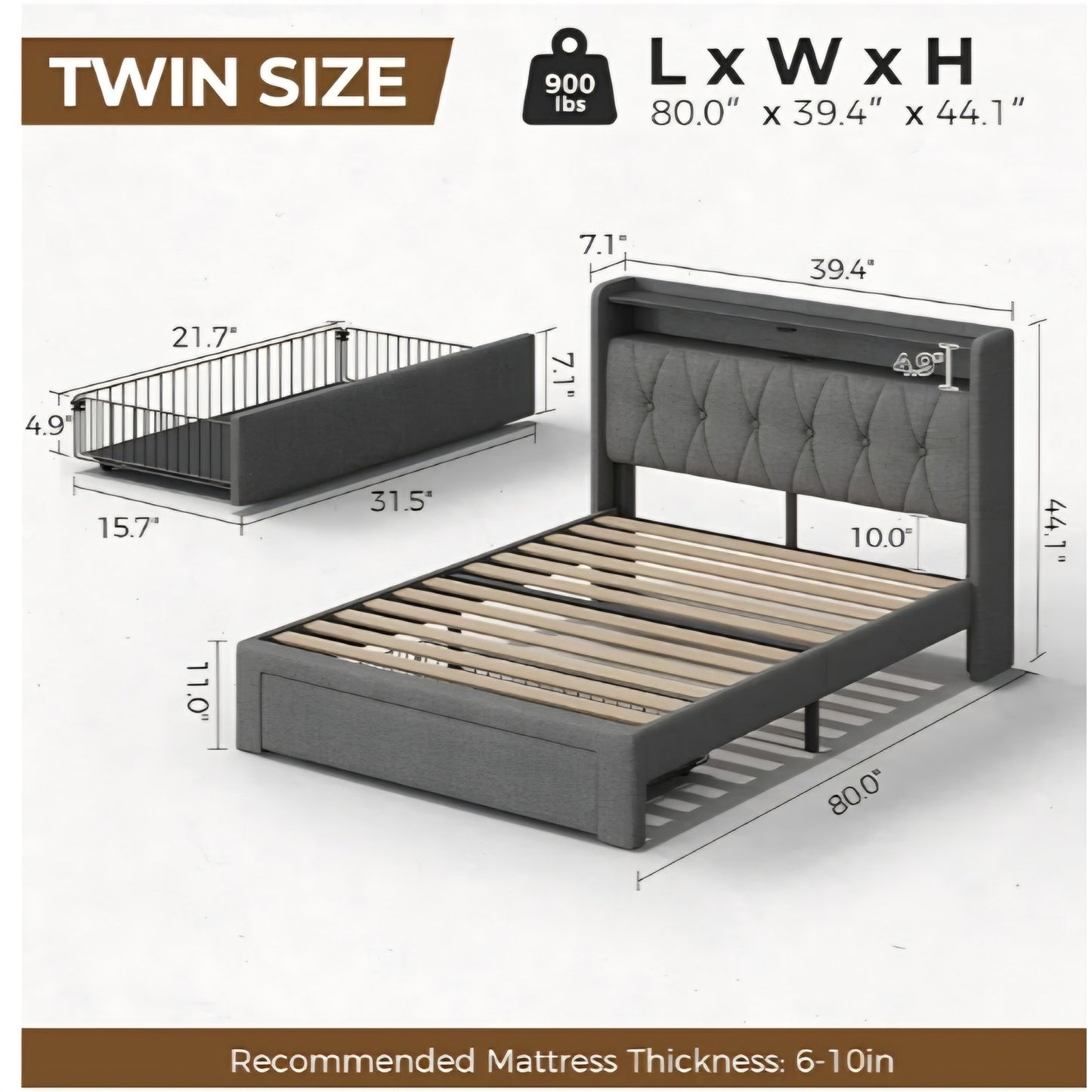 Rolanstar Twin Bed Frame with Drawer, Storage Headboard & LED Lights
