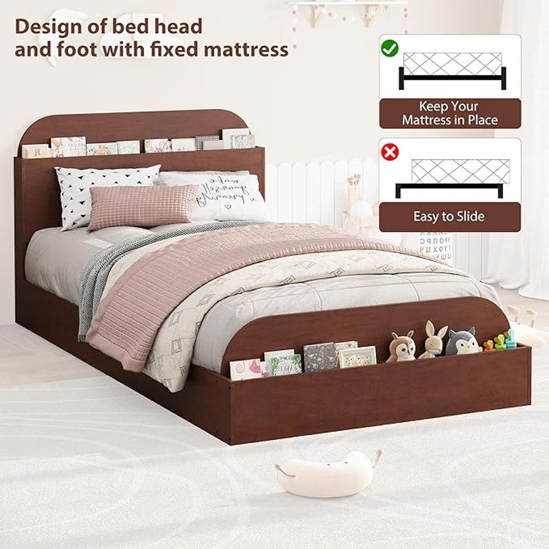 GarveeHome Twin Size Bed Frame, Wooden Beds, Storage Headboard & Raised-Foodboard for Kid, Espresso
