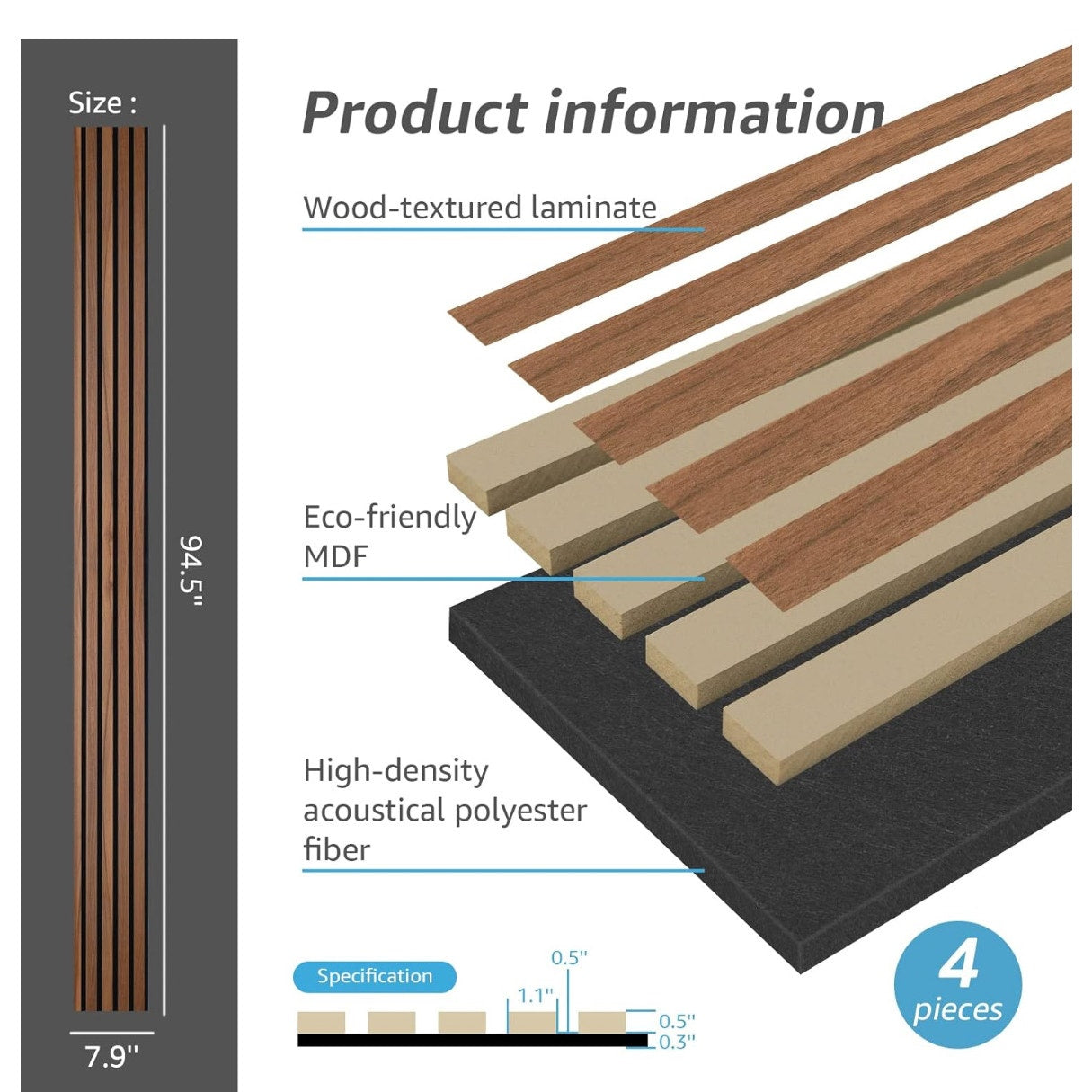 Art3d 4-Piece Wood Slat Acoustic Panels for Stylish Decor and Noise Reduction, 3D Textured