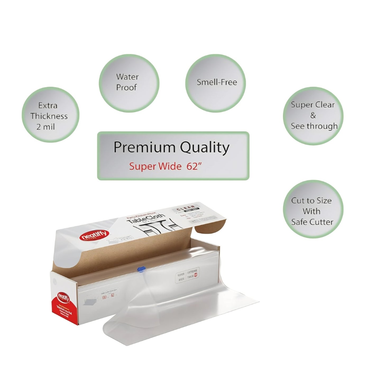 Neatiffy 62 in x 100 ft  White- Clear Disposable/Reusable Plastic Table Cloth Roll with Slide Cutter