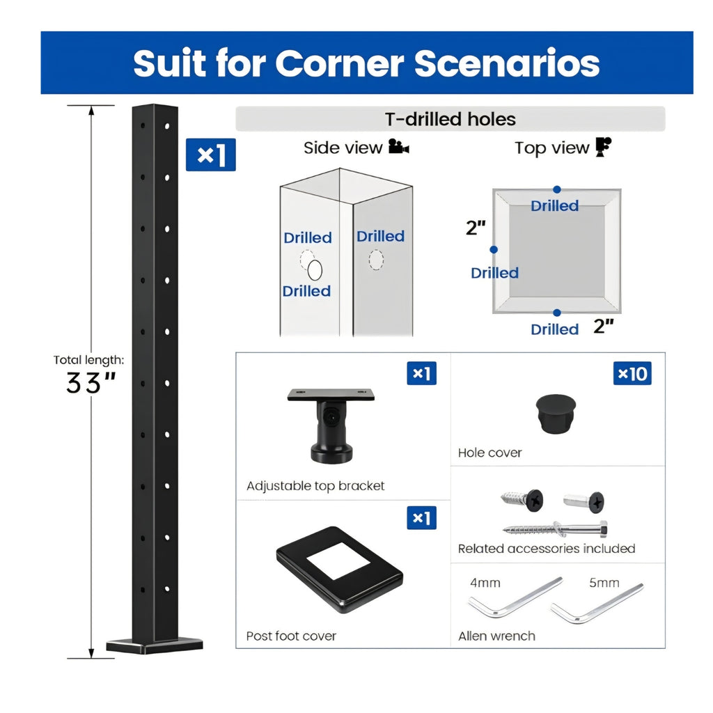 Muzata Black Corner Cable Railing Post 36 Inch 36"x2"x2" T-drilled One-Post Corner Solution Surface