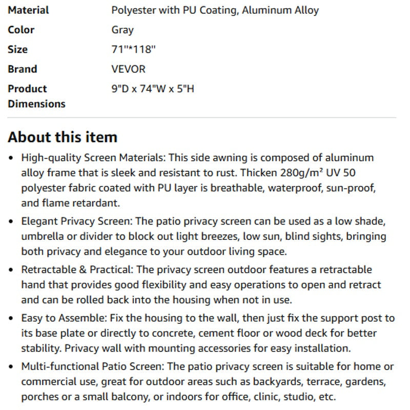 VEVOR Retractable Side Awning, UV 50 71''x118'' Full Aluminum Rust-Proof Outdoor Privacy Screen
