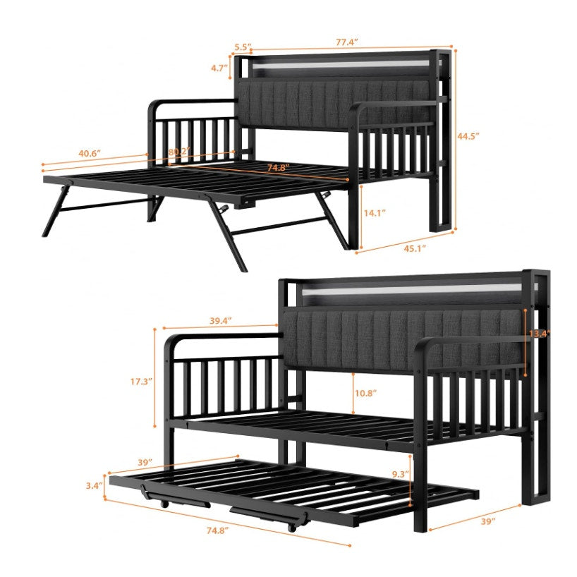 Heavy Duty Metal Twin Bed Frame with Upholstered Storage Headboard & Charging Station