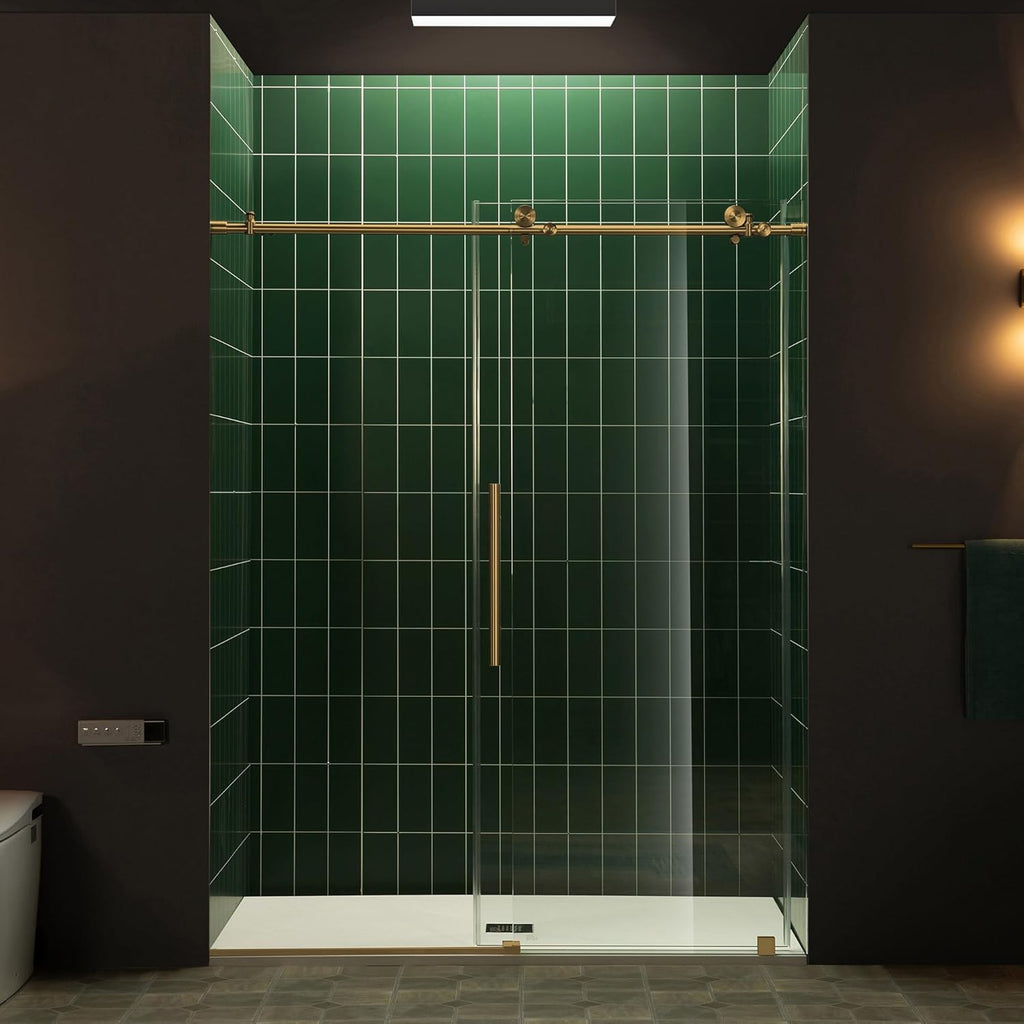Woodbridge 57.5-60" W x 80" H Frameless Single Sliding Soft-Close Shower in Brushed Gold Finish