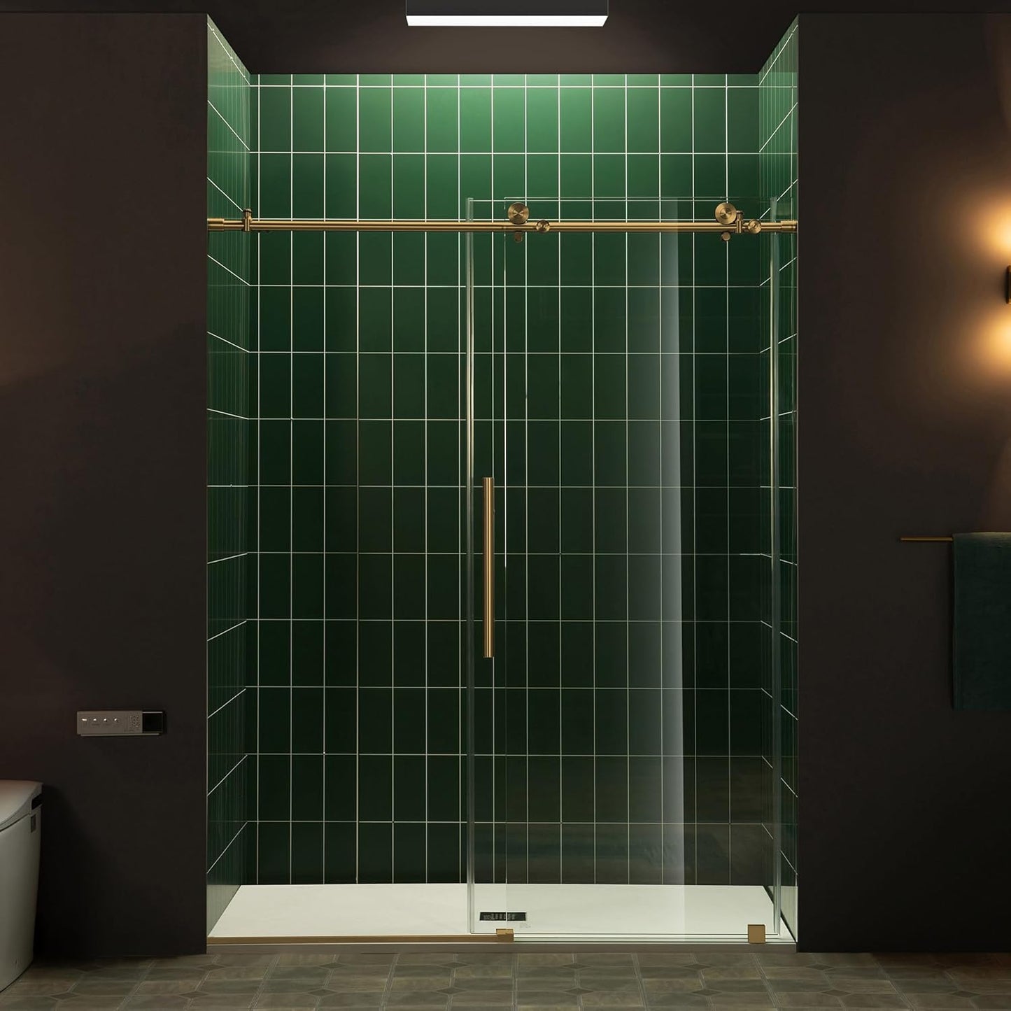 Woodbridge 57.5-60" W x 80" H Frameless Single Sliding Soft-Close Shower in Brushed Gold Finish