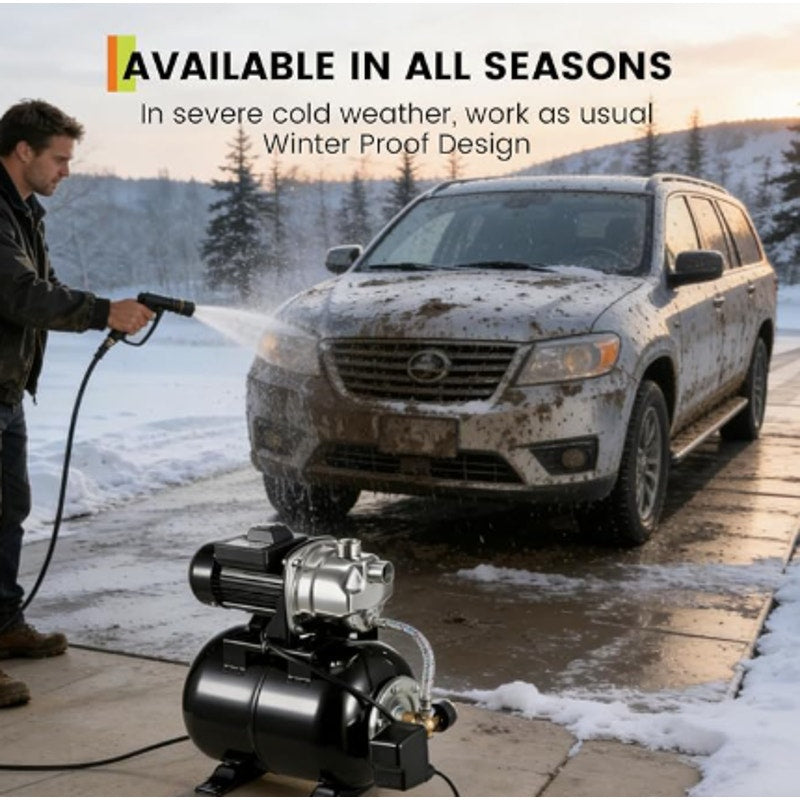 1 HP Shallow Well Jet Pump with 5-Gallon Pressure Tank – Stainless Steel, 130ft Lift, 20ft Suction