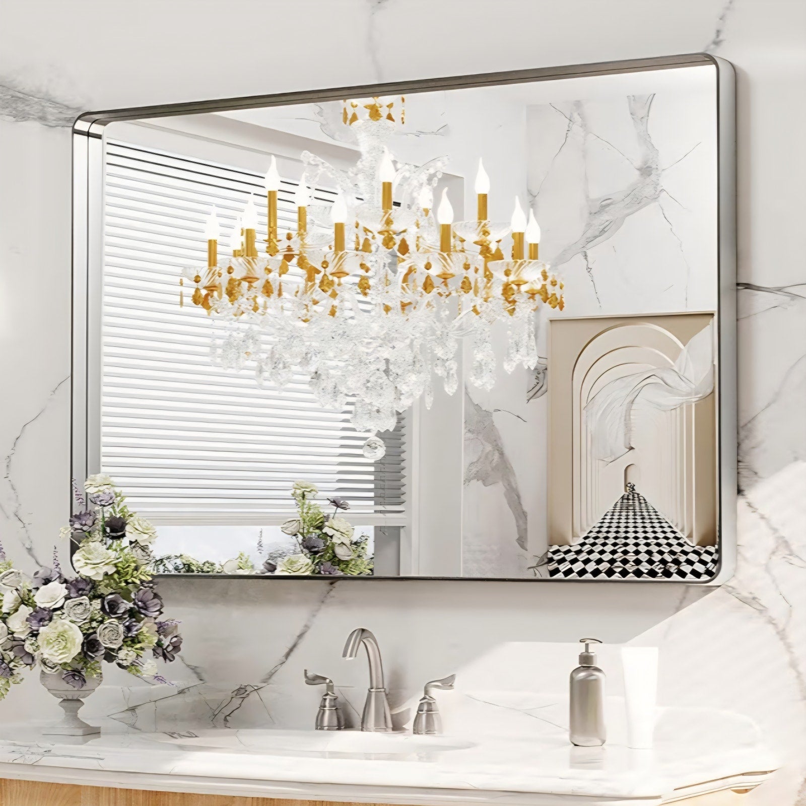 LOAAO 48X32 Inch Brushed Nickel Bathroom Mirror, Rounded Rectangle Silver Metal Frame Mirror