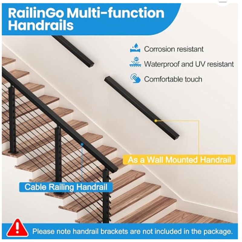 2Pack 6'6'' Rectangular Cable Railing Handrails, Black Stainless Steel Handrail with Nylon End Caps