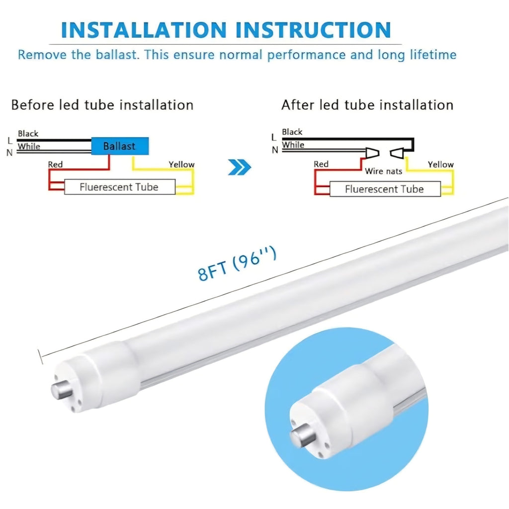 Tube Light,8 Foot T8 LED Tube Light Single Pin FA8 Base, Ballast Bypass 50W 6750LM,6500K Cool White