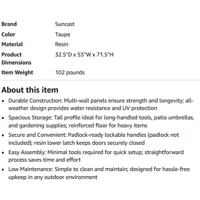 Suncast Outdoor Storage Shed, Water Resistant Resin Vertical Outdoor Storage Cabinet for Patio