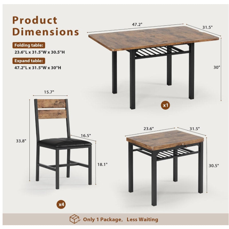 MapleGrace Extendable Dining Table Set for 4 with Built-in Shelf Rack Brown